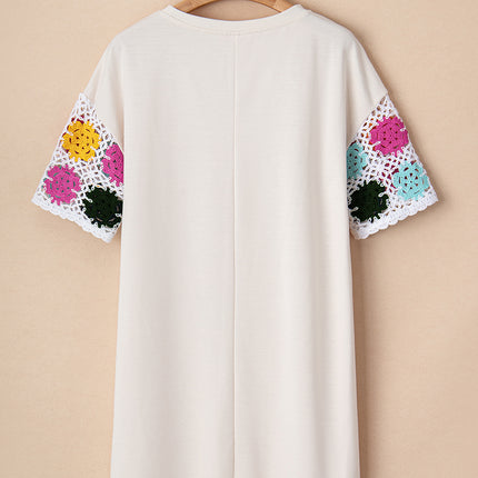 White Floral Crochet Splicing Sleeve T Shirt Dress