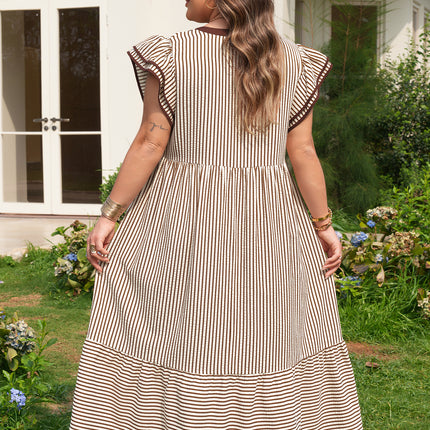 Brown Stripe Plus Size Slit V Neck Tiered Flutter Sleeve Maxi Dress