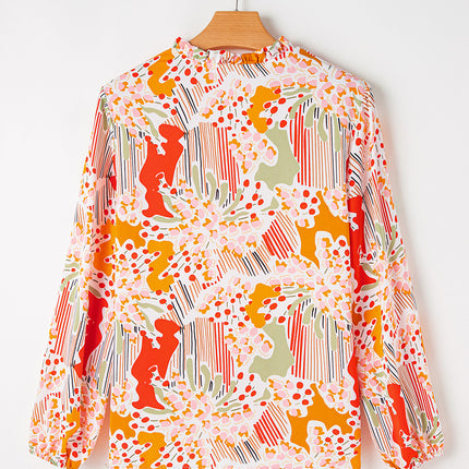Orange Printed Split V Neck Puff Sleeve Blouse