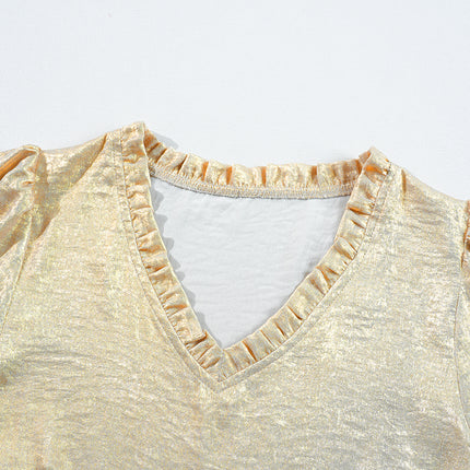 Gold Metallic Frilled V Neck Puff Sleeve Babydoll Blouse