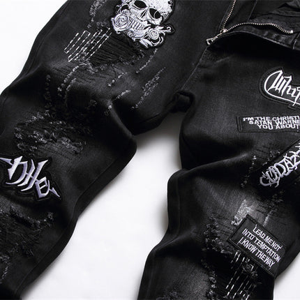 Black Slim-fit Skull Ripped High Street Jeans