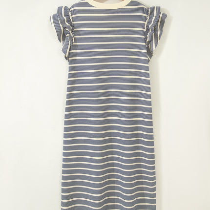 Blue Stripe Plus Size Contrast Trim Button V Neck Ruffle Sleeve Shift Dress