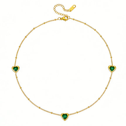 Stainless Steel Necklace And Bracelet With Inlaid Green Diamond Hearts