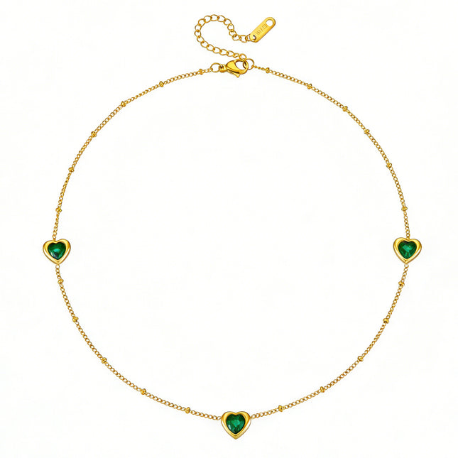 Stainless Steel Necklace And Bracelet With Inlaid Green Diamond Hearts