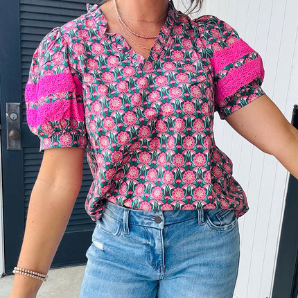 Sachet Pink V-Neck Ruffle Abstract Floral Print Puff Sleeve Top