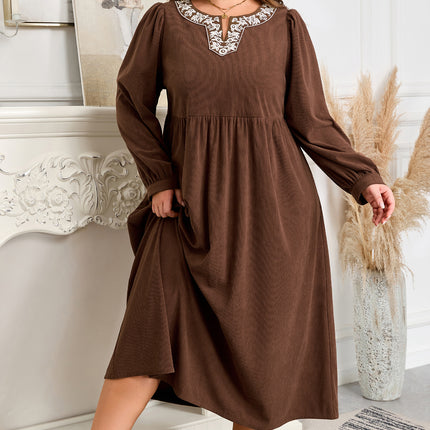 Coffee Embroidered Notched Neckline Textured Pleated High Waist Plus Size Midi Dress