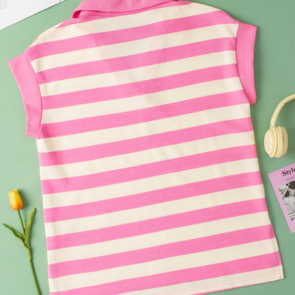 Pink Stripe V Neck Collared Cap Sleeve Top