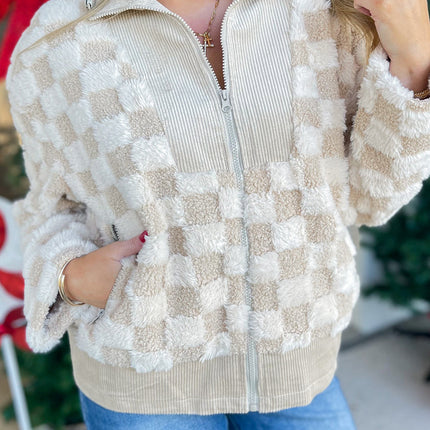 Khaki Checker Sherpa Corduroy Patchwork Zip up Collared Jacket