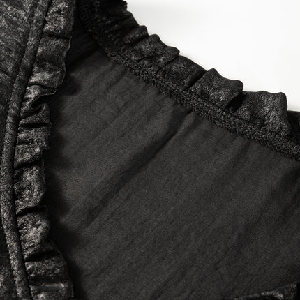 Black Metallic Frilled V Neck Puff Sleeve Babydoll Blouse