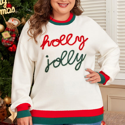 White Tinsel holly jolly Pattern Colorblock Edge Drop Shoulder Plus Size Sweater