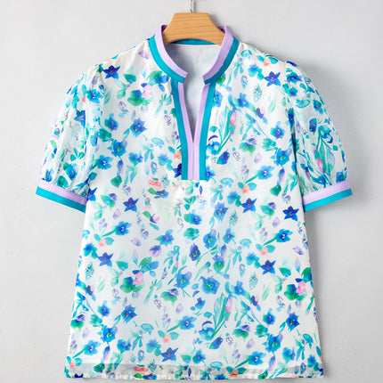 Green Floral Print Colorblock Edge Puff Sleeve Split Neck Plus Size Blouse