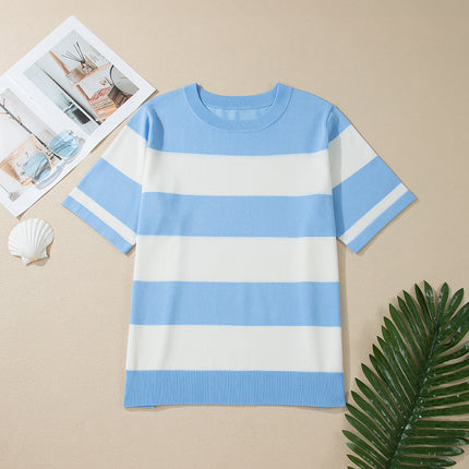 Sky Blue Stripe Colorblock Plus Size Short Sleeve Sweater