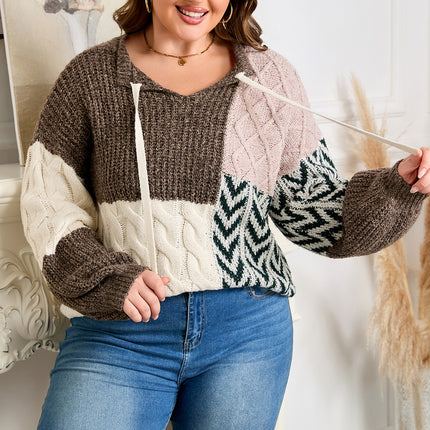 Brown Plus Size Color Block Patchwork Knotted Back Loose Fit Sweater