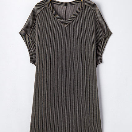 Carbon Grey Corded V Neck Plus Size T Shirt Dress with Pockets