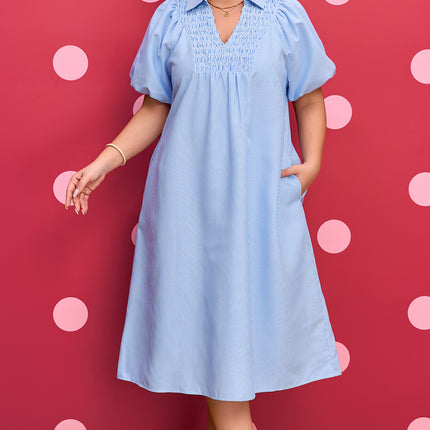 Sky Blue Stripe Shirred Detail Collar V Neck Plus Size Midi Dress