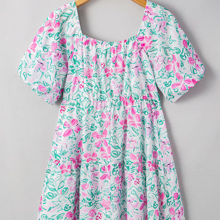 White Floral Print Ric-rac Trim Square Neck Plus Size Mini Dress