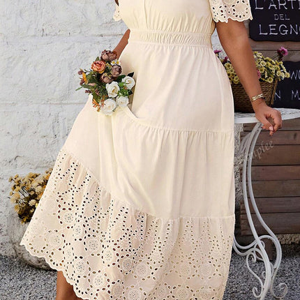 Apricot Plus Size V Neck Lacy Embroidery Patchwork Short Sleeve Maxi Dress
