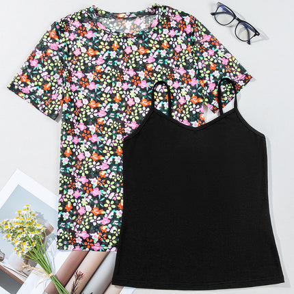 Black Sheer Floral Mesh Round Neck T Shirt