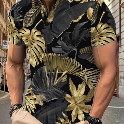 Men's Printed Gold Tropical Plant Pattern Short Sleeve Fashion Printed Shirt