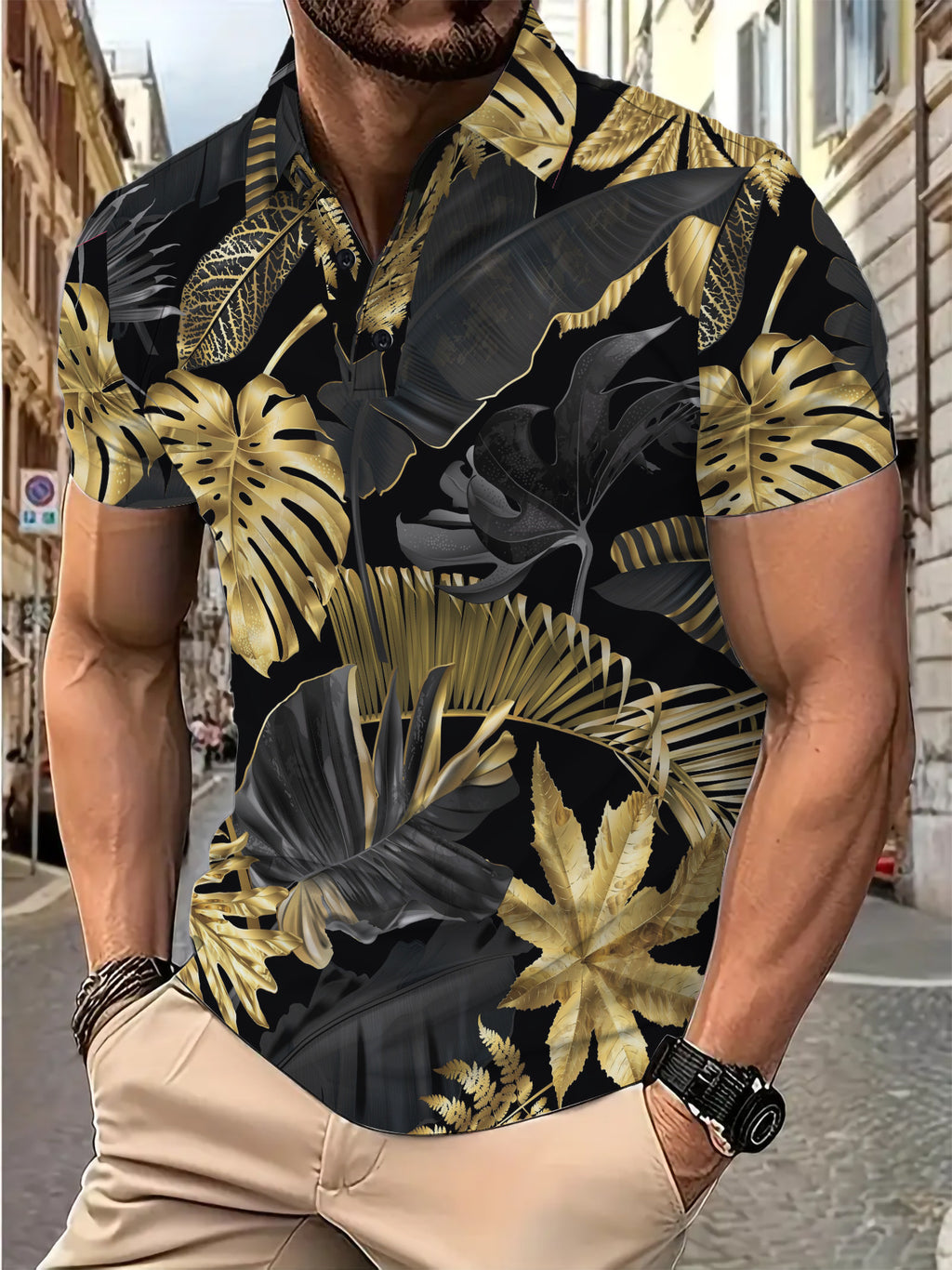 Men's Printed Gold Tropical Plant Pattern Short Sleeve Fashion Printed Shirt