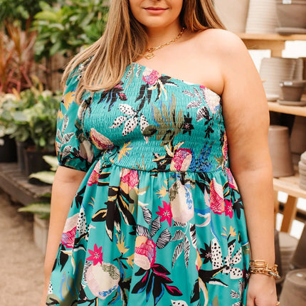 Green Plus Size Floral Smocked Bodice Single Puff Short Sleeve Babydoll Blouse