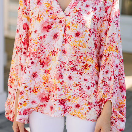 Pink Ditsy Floral Bubble Sleeve V Neck Blouse