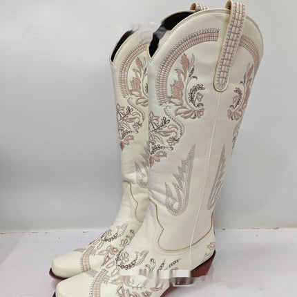 Embroidered Rhinestone Thick High Heel Side Zipper High-top Boots