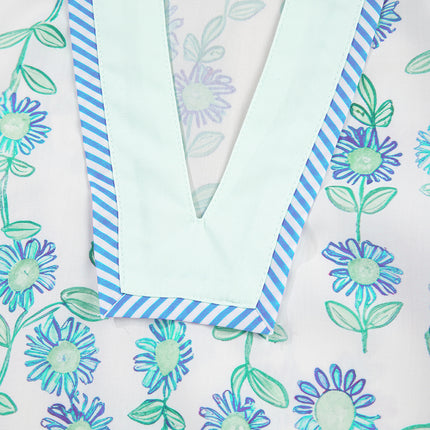 Green Floral Print Striped Detail Contrast V Neck Patchwork Flutter Sleeve Blouse
