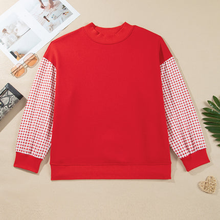 Fiery Red Patchwork Plaid Loose Fit Long Sleeve Plus Size Sweatshirt