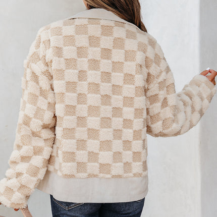 Khaki Checker Sherpa Corduroy Patchwork Zip up Collared Jacket