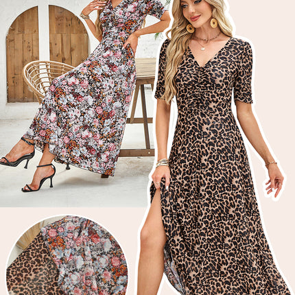 Brown Mesh Leopard Floral Reversible V Neck Short Sleeve Dress