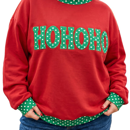 Fiery Red Casual Polka Dot Patchwork Letter Graphic Plus Size Sweatshirt
