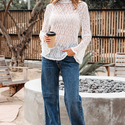 White Sheer Lace Bell Sleeve Mock Neck Blouse