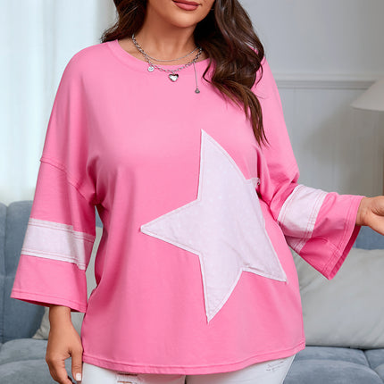 Pink Star Patched Colorblock Raw Edge Bracelet Sleeve Plus Size Loose Tee