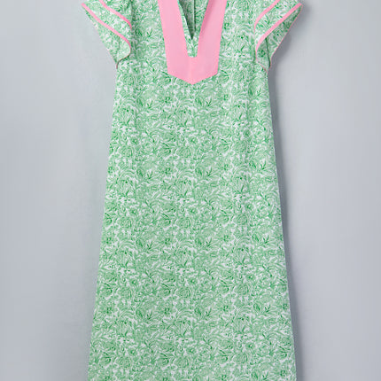 Green Plus Size Contrast Trim Flutter Sleeve Floral Kaftan Maxi Dress