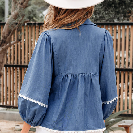 Dusk Blue Lace Ric Rac 3/4 Puff Sleeve Collared Babydoll Blouse