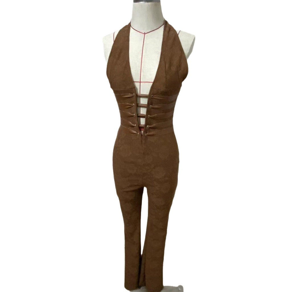 Sexy Lace Trousers Deep V Bandage Lace-up Halter Jumpsuit