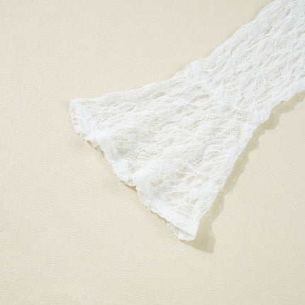 White Sheer Lace Bell Sleeve Mock Neck Blouse