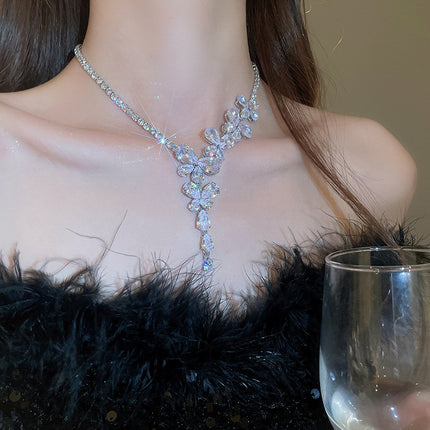 Silver Needle Zircon Butterfly Tassel Earrings And Necklace Set