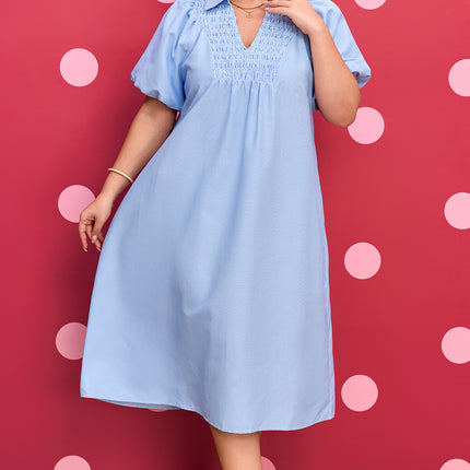 Sky Blue Stripe Shirred Detail Collar V Neck Plus Size Midi Dress