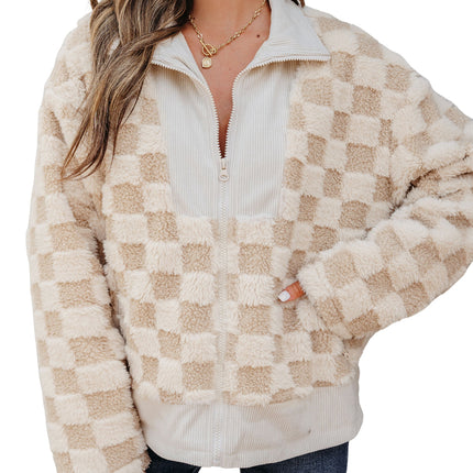 Khaki Checker Sherpa Corduroy Patchwork Zip up Collared Jacket