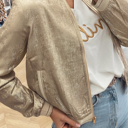 Pale Khaki Metallic Zip up Baseball Jacket