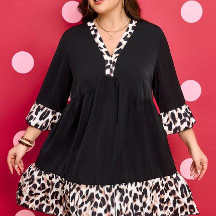 Black Plus Size Leopard Patchwork V Neck 3/4 Sleeve Ruffle Hem Mini Dress