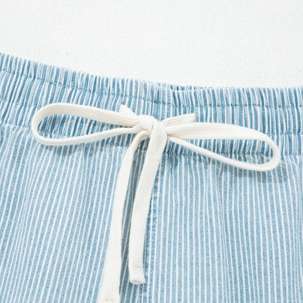 Sky Blue Stripe Plus Size Contrast Drawstring Elastic Waist Denim Shorts