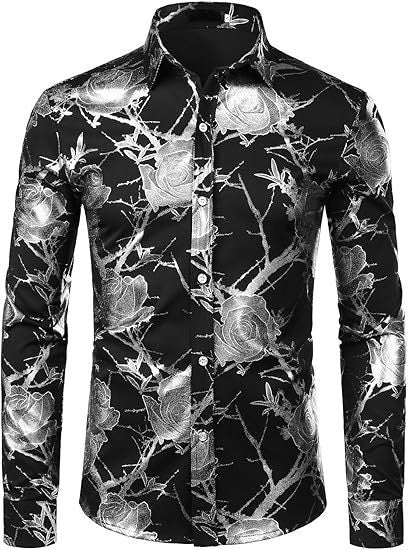 3D Golden Rose Print Slim Fit Long Sleeve Formal Wear Shirt