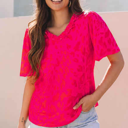 Rose Leopard Frilly V Neck Short Sleeve Blouse