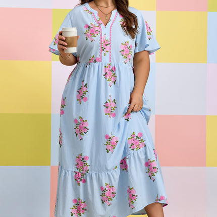 Sky Blue Plus Size Floral Print Scalloped Trim V-Neck Dress