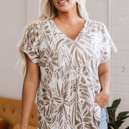 Khaki Floral Print V Neck Short Sleeve Loose Fit Blouse