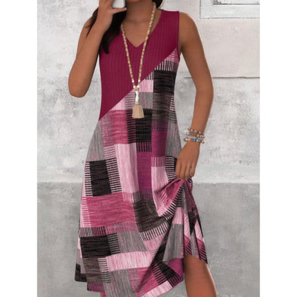 Womens Casual Versatile V-Neck Sleeveless Colorblock Dress
