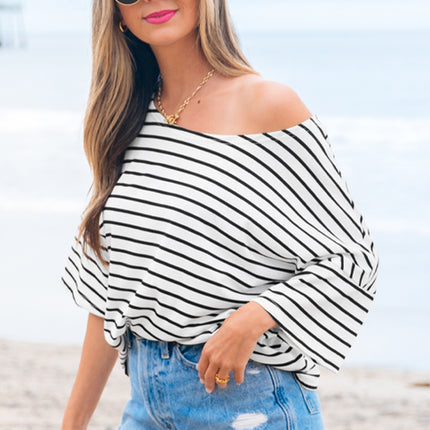 Black Stripe Half Sleeve Scoop Neck Loose Top